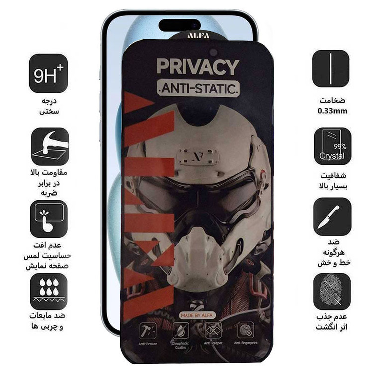 محافظ صفحه نمایش حریم شخصی اپیکوی مدل Alpha مناسب برای گوشی موبایل اپل iPhone 16/15/14 Pro