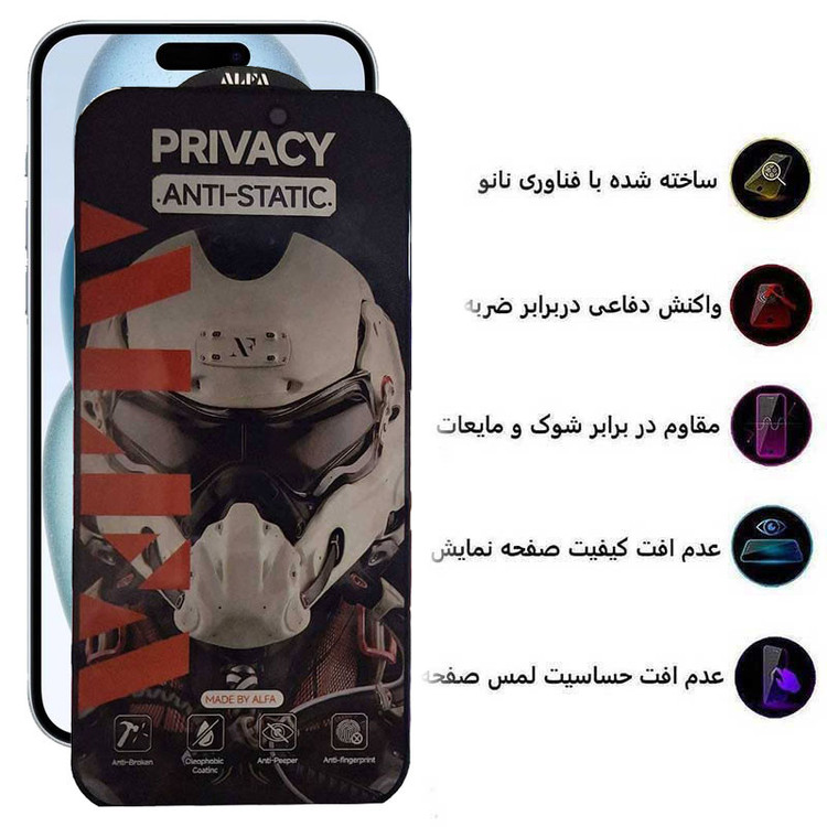 محافظ صفحه نمایش حریم شخصی اپیکوی مدل Alpha مناسب برای گوشی موبایل اپل iPhone 16/15/14 Pro