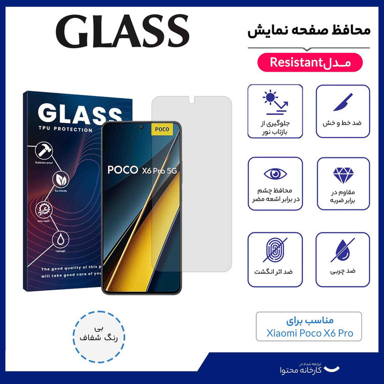 محافظ صفحه نمایش شفاف گلس مدل Resistant مناسب برای گوشی موبایل شیائومی Poco X6 Pro