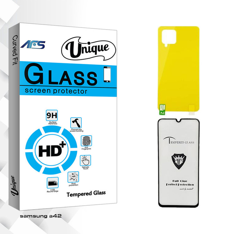 محافظ صفحه نمایش شیشه ای ای اف اس مدل Unique MTB مناسب برای گوشی موبایل سامسونگ GALAXY A42 به همراه محافظ پشت گوشی