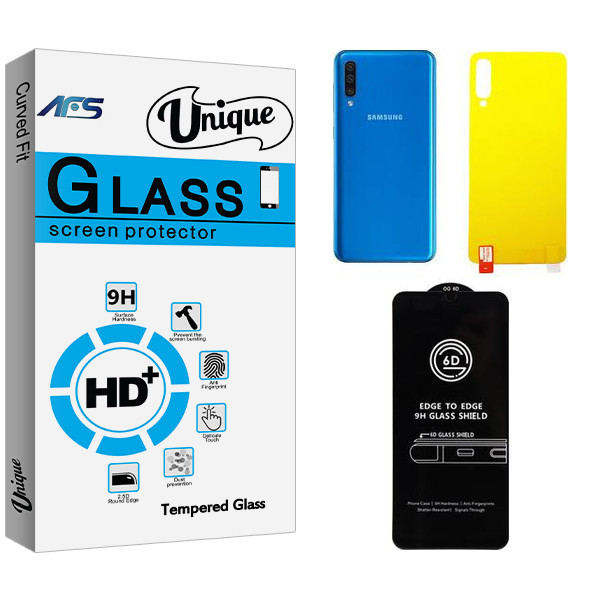 محافظ صفحه نمایش شیشه ای ای اف اس مدل Unique Airbag مناسب برای گوشی موبایل سامسونگ Galaxy A50 به همراه محافظ پشت گوشی