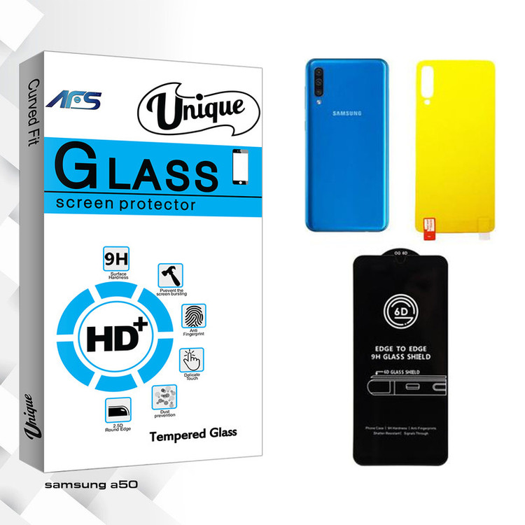 محافظ صفحه نمایش شیشه ای ای اف اس مدل Unique Airbag مناسب برای گوشی موبایل سامسونگ Galaxy A50 به همراه محافظ پشت گوشی