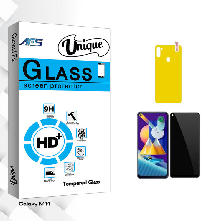 محافظ صفحه نمایش سرامیکی حریم شخصی ای اف اس مدل Unique Glass مناسب برای گوشی موبایل سامسونگ Galaxy M11 به همراه محافظ پشت گوشی