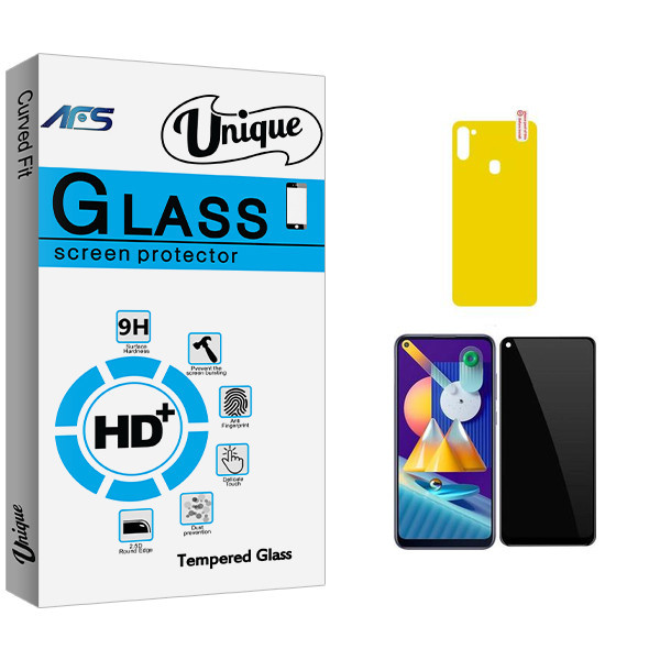 محافظ صفحه نمایش سرامیکی حریم شخصی ای اف اس مدل Unique Glass مناسب برای گوشی موبایل سامسونگ Galaxy M11 به همراه محافظ پشت گوشی