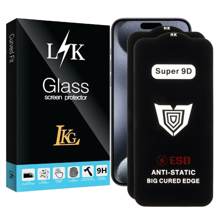 محافظ صفحه نمایش ال کا جی مدل Super 9D مناسب برای گوشی موبایل اپل iPhone 15 Pro بسته 2 عددی