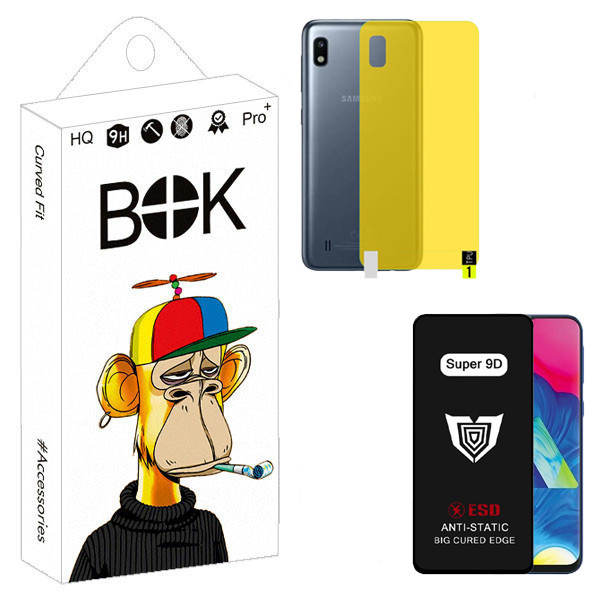 محافظ صفحه نمایش بوک مدل Super 9D مناسب برای گوشی موبایل سامسونگ Galaxy A10 به همراه محافظ پشت گوشی