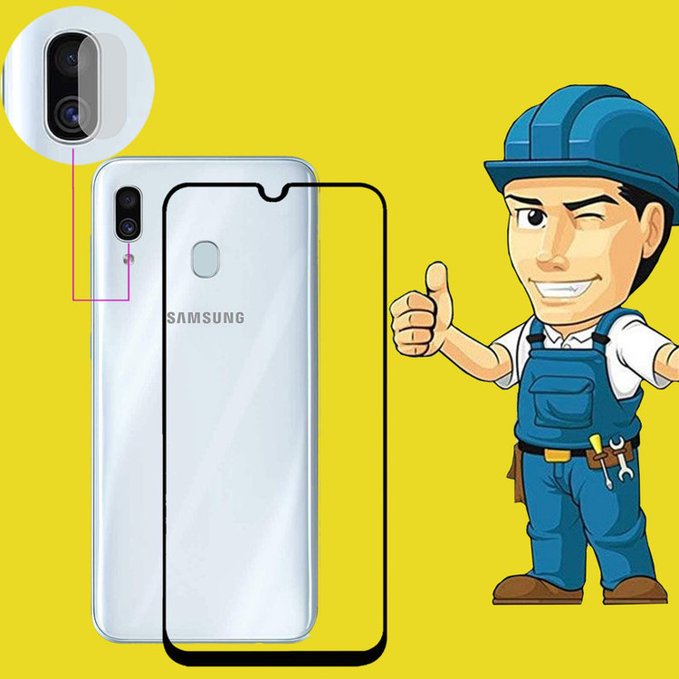 محافظ صفحه نمایش مدل FLGSP مناسب برای گوشی موبایل سامسونگ Galaxy A30 به همراه محافظ لنز دوربین