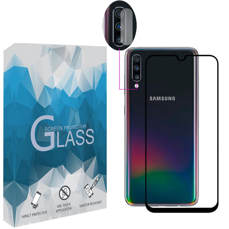 محافظ صفحه نمایش مدل FLGSP مناسب برای گوشی موبایل سامسونگ Galaxy A70 به همراه محافظ لنز دوربین