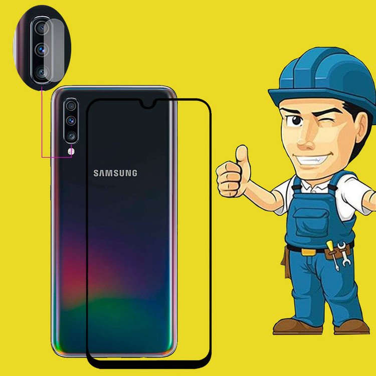 محافظ صفحه نمایش مدل FLGSP مناسب برای گوشی موبایل سامسونگ Galaxy A70 به همراه محافظ لنز دوربین