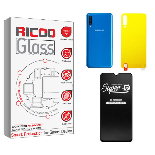 محافظ صفحه نمایش شیشه ای ریکو مدل Ricoo Super-D مناسب برای گوشی موبایل سامسونگ GALAXY A50 به همراه محافظ پشت گوشی