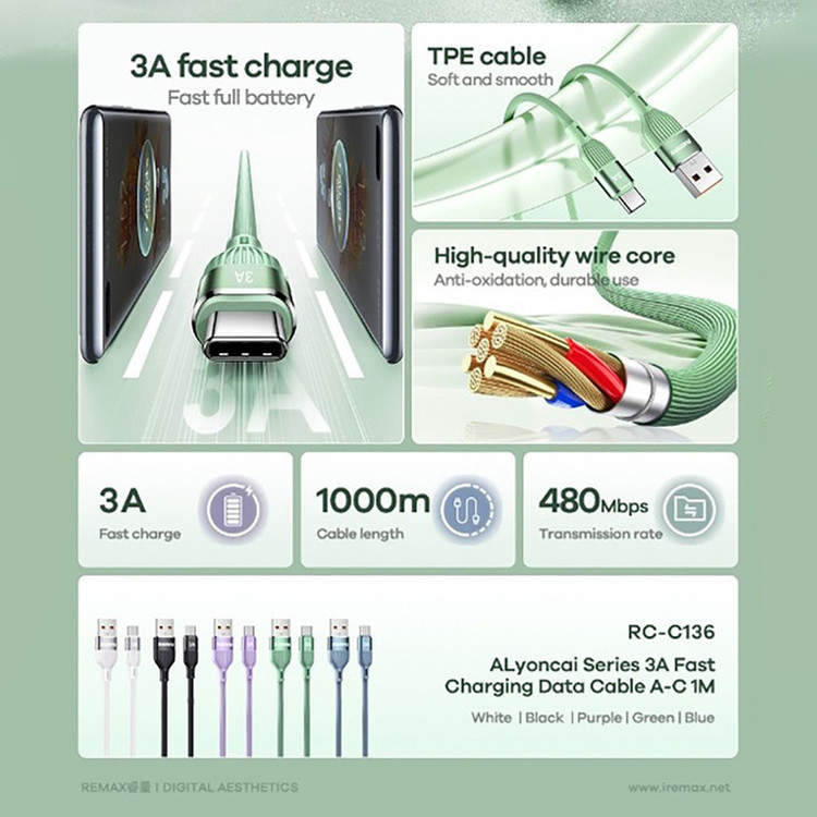 کابل تبدیل USB به USB-C ریمکس مدل Fast Charge 3A Lyoncai طول 1 متر