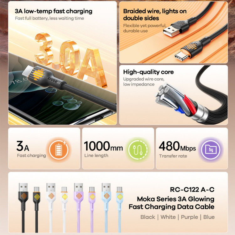 کابل تبدیل USB به USB-C ریمکس مدل Fast Charge 3A Moka طول 1 متر