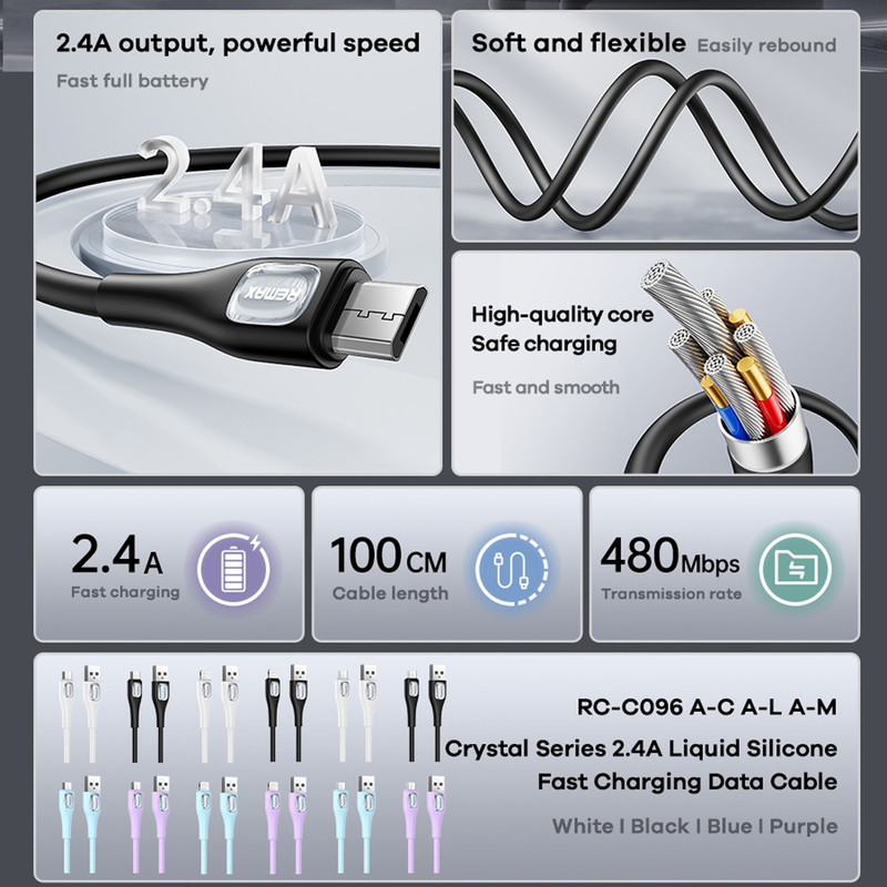 کابل تبدیل USB به USB-C ریمکس مدل Fast Charge Crystal طول 1 متر