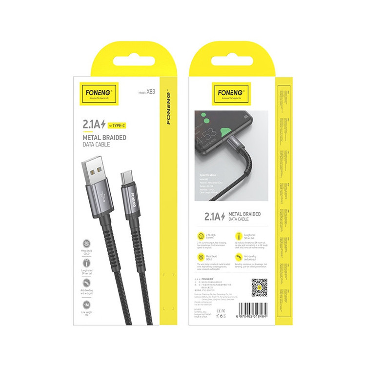 کابل تبدیل USB به USB-C فوننگ مدل X83 FAST CHARGE طول 1 متر