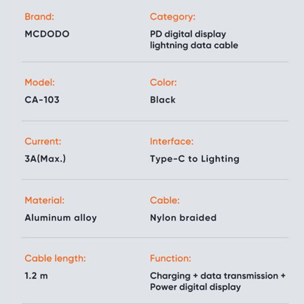 کابل تبدیل USB-C به لایتنینگ مک دودو مدل CA-103 36W طول 1.2 متر