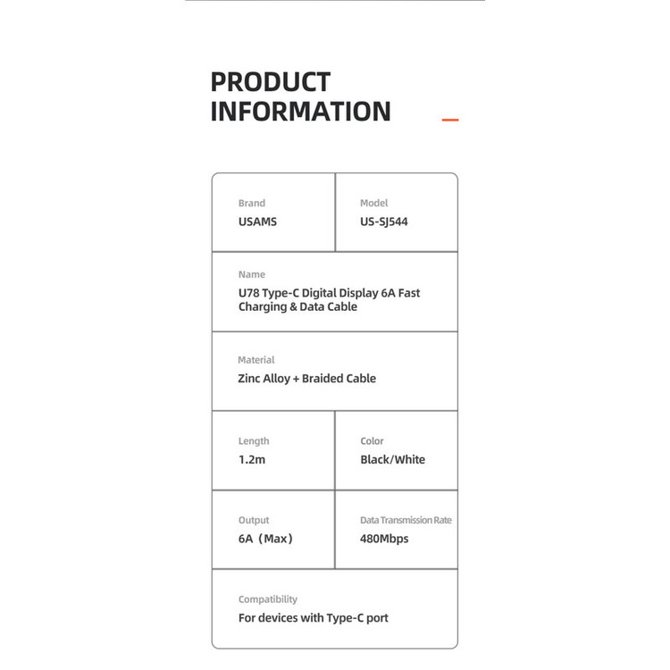 کابل تبدیل USB به USB-C یوسمز مدل US-SJ544-66W طول 1.2 متر