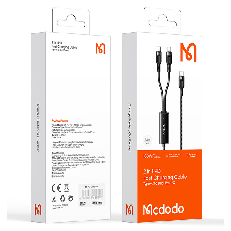 کابل USB-C به USB-C/USB-C مک دودو مدل 2IN1 PD Fast Charging 100W طول 1.2 متر