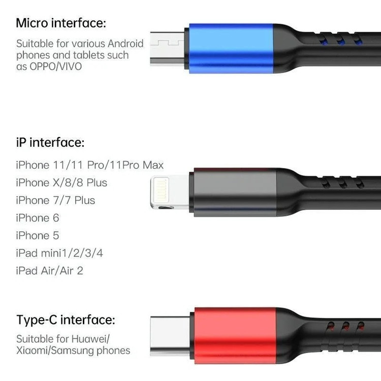 کابل تبدیل USB به لایتنینگ/USB-C/microUSB اوی مدل CL-971 طول 1.2 متر