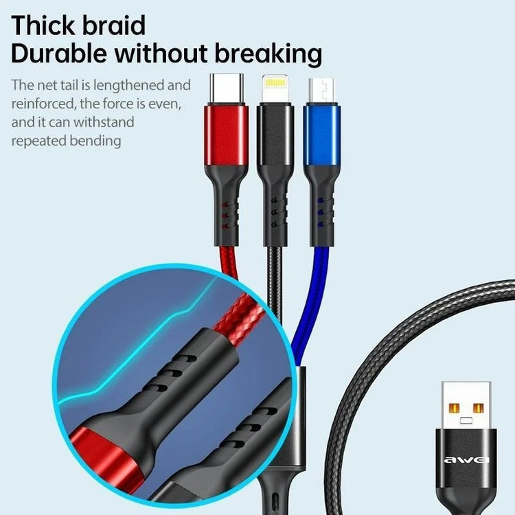 کابل تبدیل USB به لایتنینگ/USB-C/microUSB اوی مدل CL-971 طول 1.2 متر