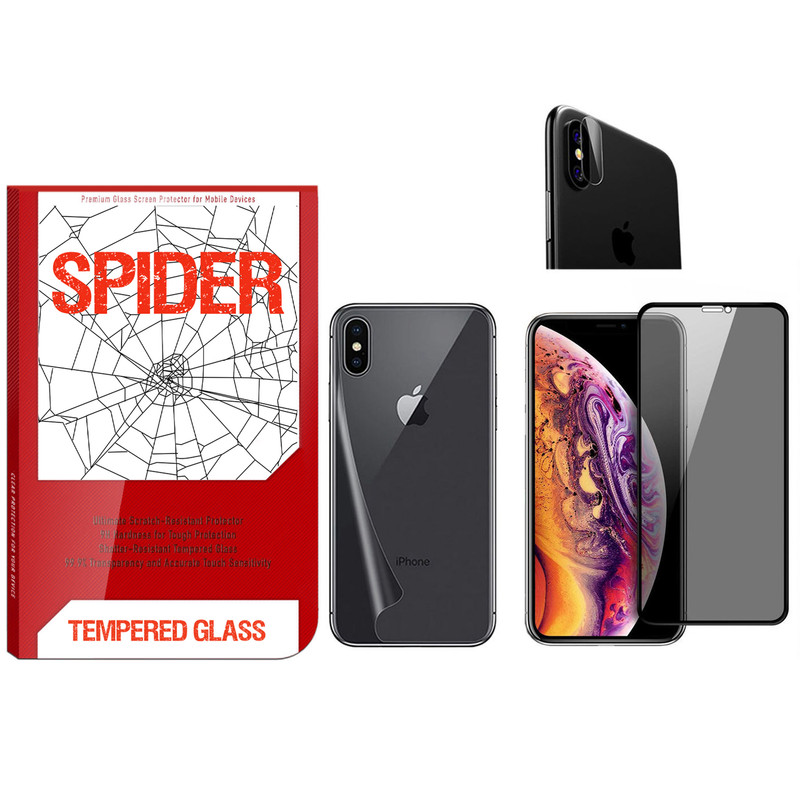 محافظ صفحه نمایش حریم شخصی و پشت گوشی اسپایدر مدل S-FG002 مناسب برای گوشی موبایل اپل iPhone Xs Max به همراه محافظ لنز دوربین