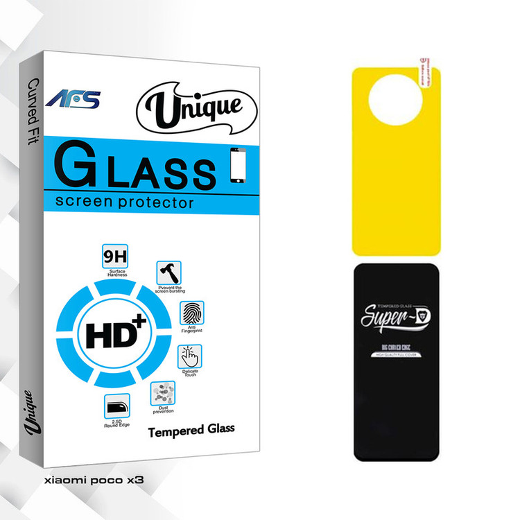 محافظ صفحه نمایش شیشه ای ای اف اس مدل Unique Super D مناسب برای گوشی موبایل شیائومی Poco X3 به همراه محافظ پشت گوشی