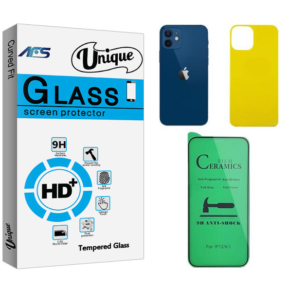 محافظ صفحه نمایش سرامیکی ای اف اس مدل Unique مناسب برای گوشی موبایل اپل iphone 12 به همراه محافظ پشت گوشی