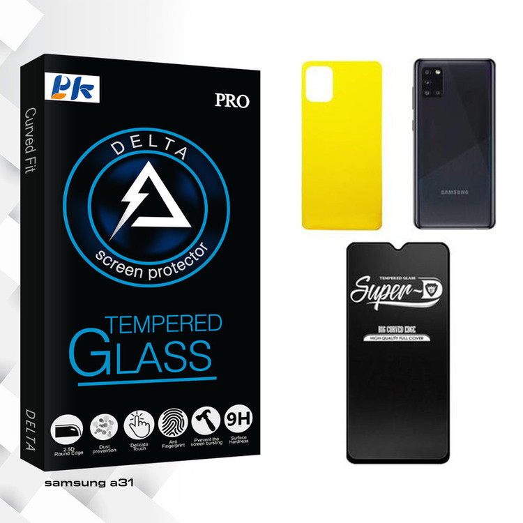 محافظ صفحه نمایش شیشه ای پی کی مدل Delta Super-D مناسب برای گوشی موبایل سامسونگ GALAXY A31 به همراه محافظ پشت گوشی