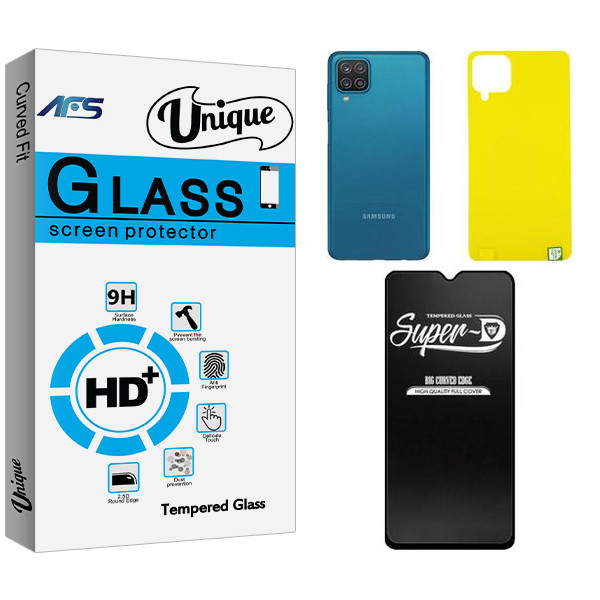 محافظ صفحه نمایش شیشه ای ای اف اس مدل Unique  Super-D مناسب برای گوشی موبایل سامسونگ GALAXY A12  به همراه محافظ پشت گوشی
