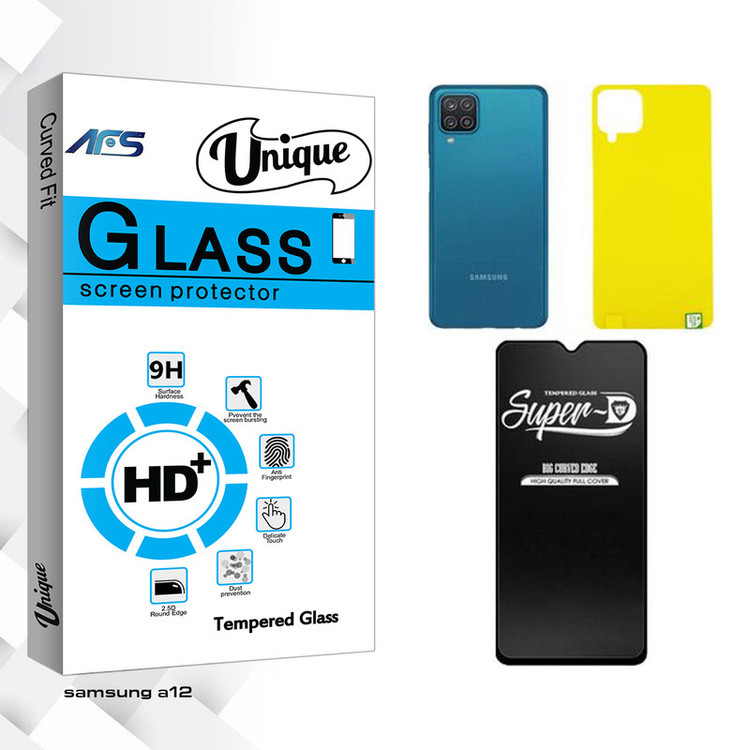 محافظ صفحه نمایش شیشه ای ای اف اس مدل Unique Super-D مناسب برای گوشی موبایل سامسونگ GALAXY A12 به همراه محافظ پشت گوشی