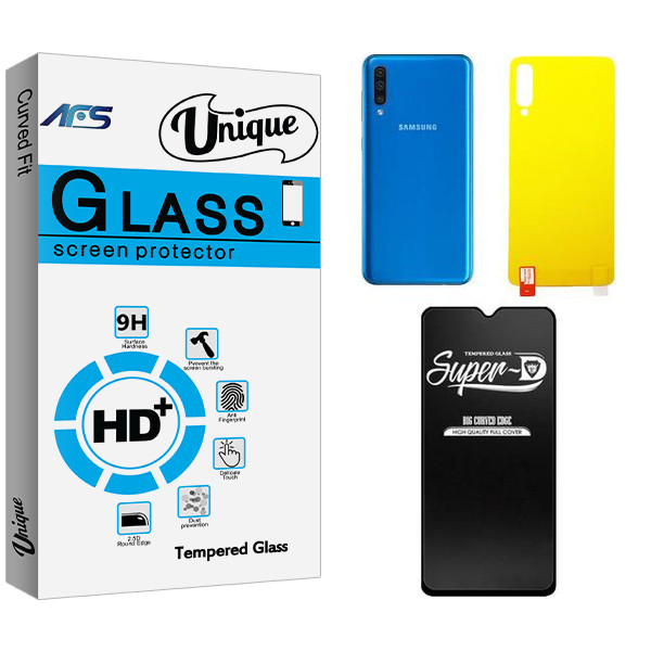 محافظ صفحه نمایش شیشه ای ای اف اس مدل Unique  Super-D مناسب برای گوشی موبایل سامسونگ GALAXY A50  به همراه محافظ پشت گوشی