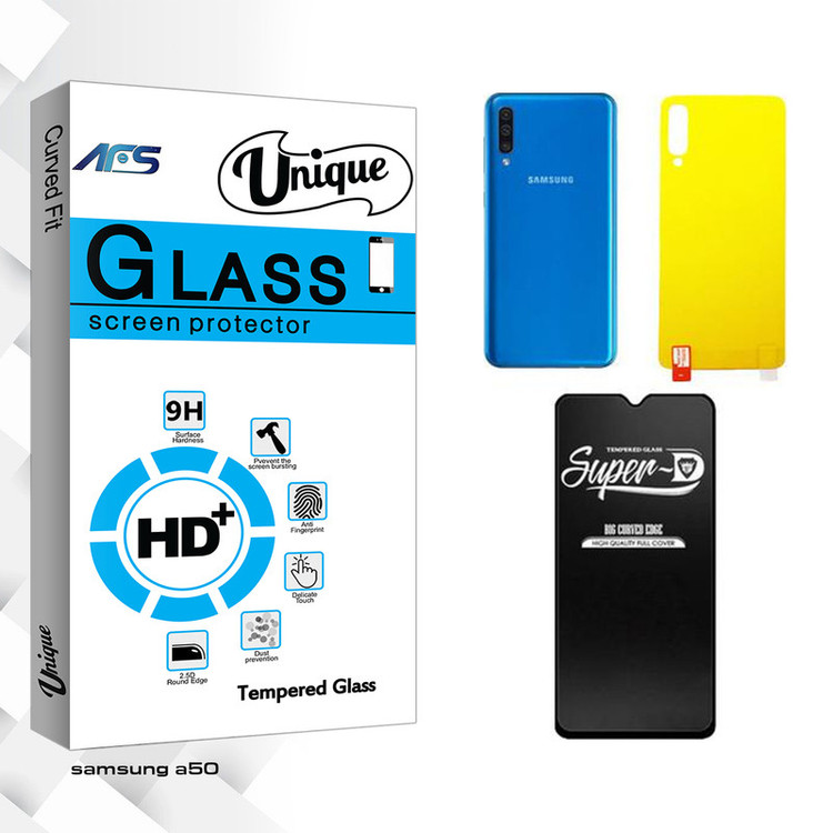 محافظ صفحه نمایش شیشه ای ای اف اس مدل Unique Super-D مناسب برای گوشی موبایل سامسونگ GALAXY A50 به همراه محافظ پشت گوشی