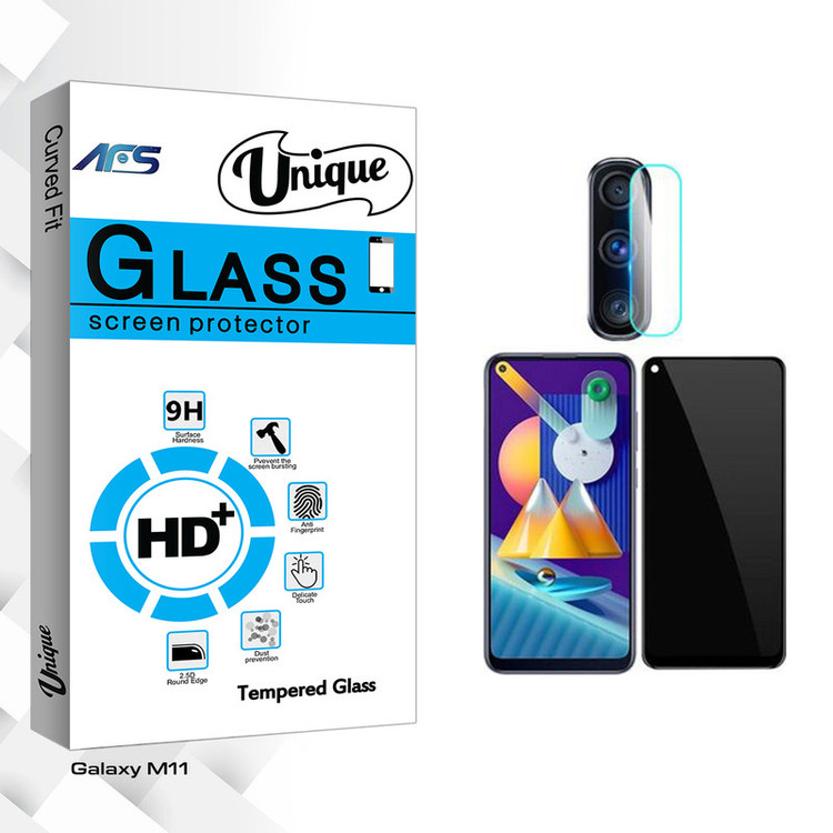 محافظ صفحه نمایش حریم شخصی ای اف اس مدل Unique Glass مناسب برای گوشی موبایل سامسونگ Galaxy M11 به همراه محافظ لنز گوشی