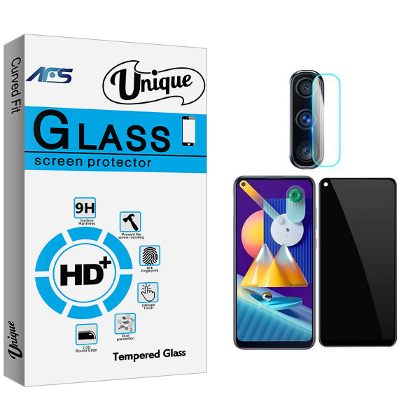 محافظ صفحه نمایش حریم شخصی ای اف اس مدل Unique Glass مناسب برای گوشی موبایل سامسونگ Galaxy M11 به همراه محافظ لنز گوشی