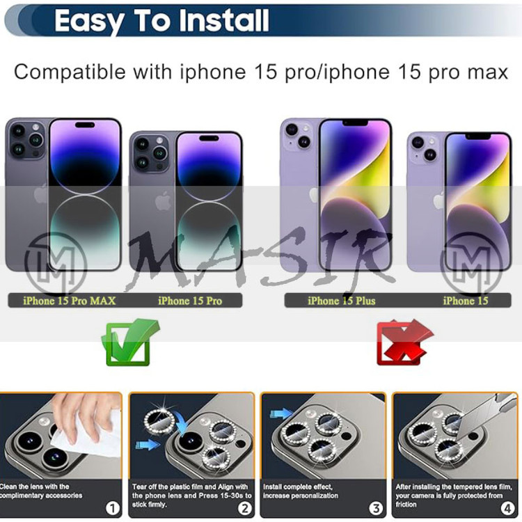 محافظ لنز دوربین مسیر مدل رینگی نگین دار مناسب برای گوشی موبایل اپل Iphone 15 Pro / 15 Pro Max