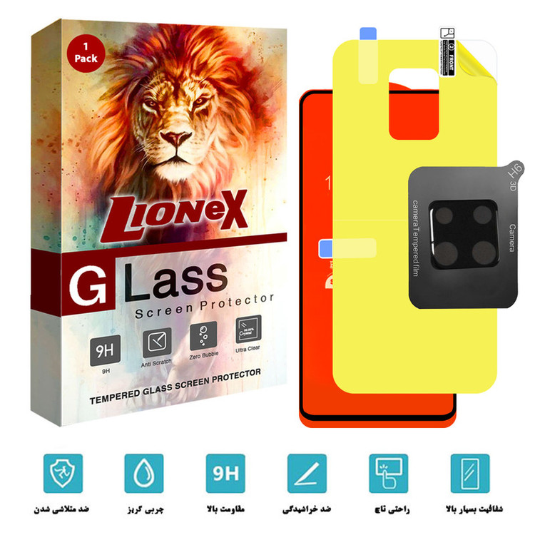 محافظ صفحه نمایش لایونکس مدل 3FNF مناسب برای گوشی موبایل شیائومی Redmi note 9 Pro به همراه محافظ پشت گوشی و محافظ لنز دوربین