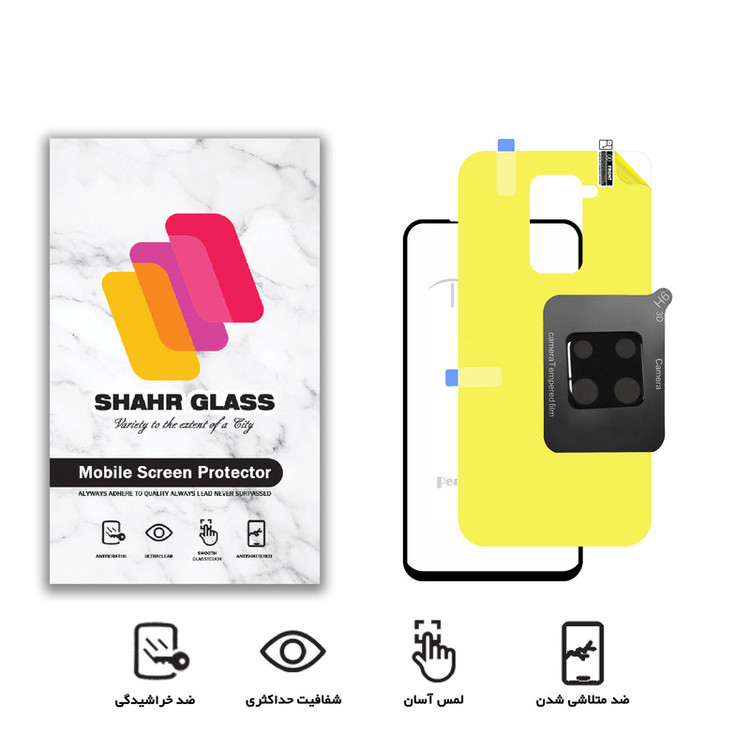 محافظ صفحه نمایش شهر گلس مدل 3FNF مناسب برای گوشی موبایل شیائومی Redmi note 9 به همراه محافظ پشت گوشی و محافظ لنز دوربین