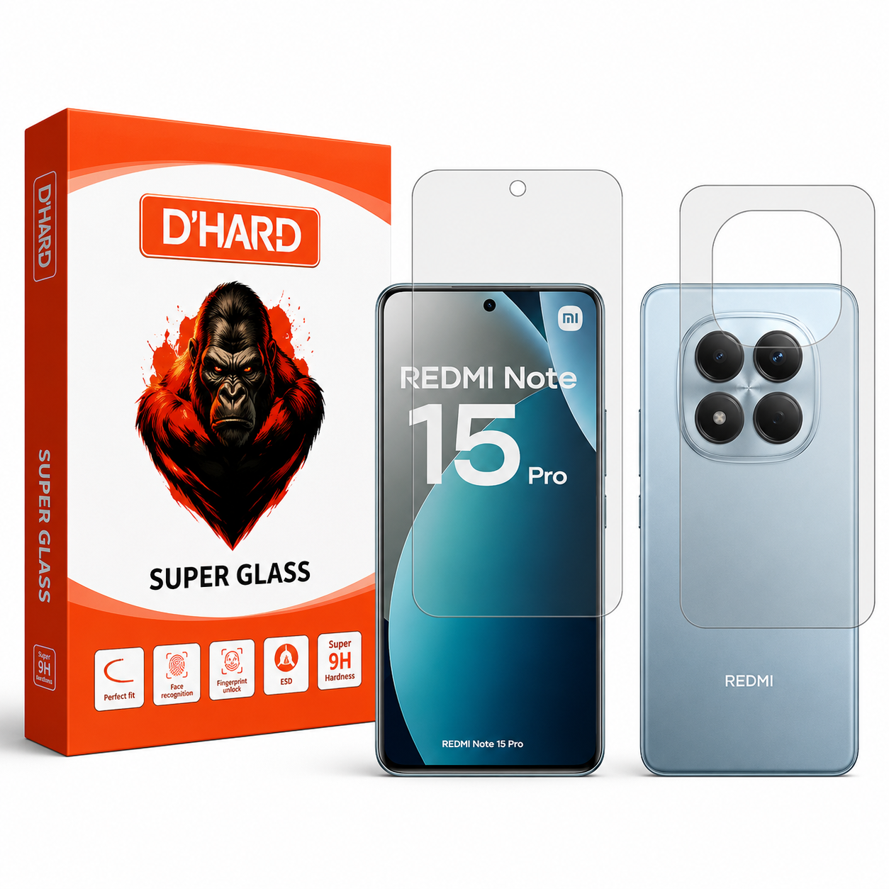 محافظ صفحه نمایش شفاف گلس D'HARD مدل Resistant مناسب برای گوشی موبایل شیائومی Redmi Note 15 Pro 4G به همراه محافظ پشت گوشی موبایل